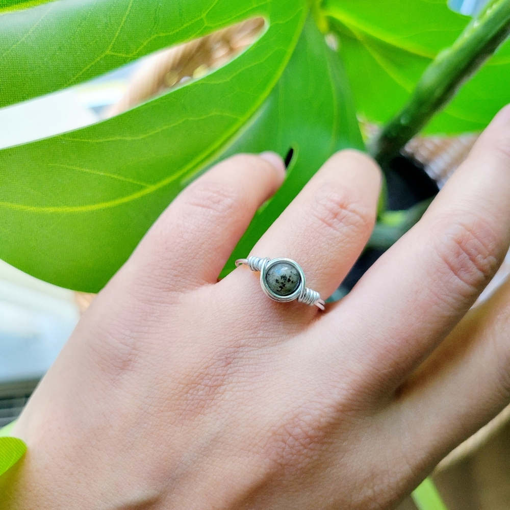 Dainty Handmade Silver Green Stone Wire Ring, size 5
